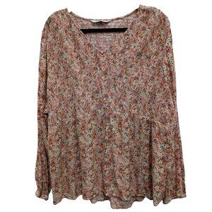 Sonoma Womens Floral Ditsy Babydoll Top Size 2X Red Long Sleeve Smocked BOHO
